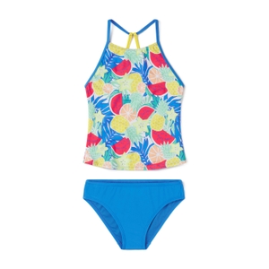 Girl's Printed High Neck Tankini Set Blue - 12